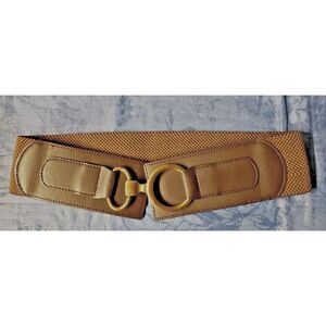 NWT Women Wide Dark Brown Elastic Band Belt faux leather brass ring and hook S/M